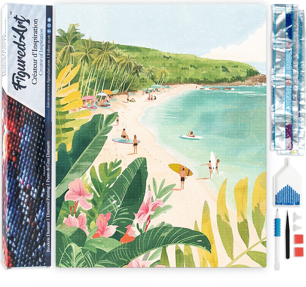 FiguredArt Diamond Painting set Volwassenen 40x50 cm Surfparadijs - 5D DIY Art full drill vierkante diamant - Opgerold canvas